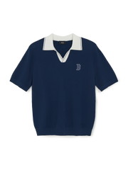 Varsity Tuck Texture Open Collar Short Sleeve Knit Pullover